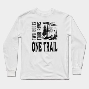 Hiking Trail T-Shirt - Man and Dog Adventure | Outdoors, Nature, Trekking Tee- 2 boots, 4 paws, 1 trail Long Sleeve T-Shirt